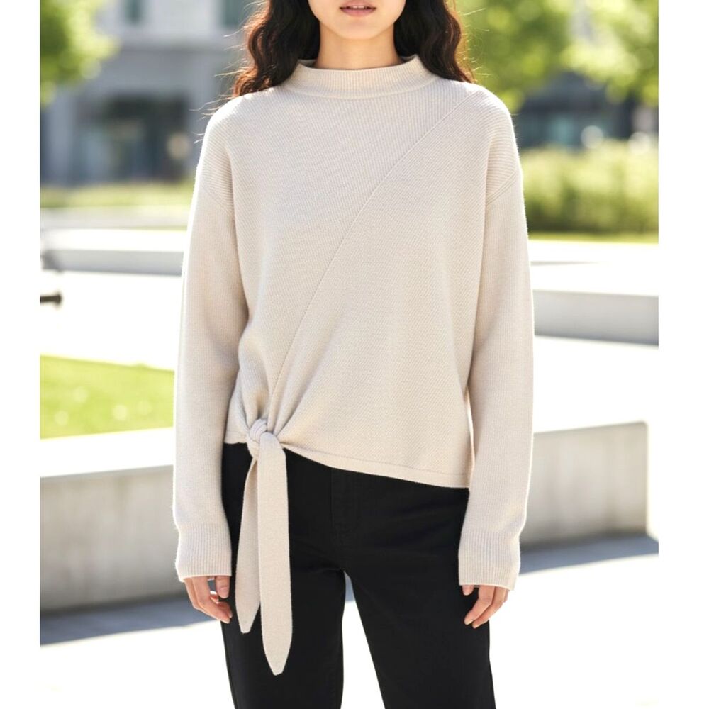 Rebecca Taylor Wool Rib Knit Tie Waist Sweater XS Oversized Mock Neck Cream